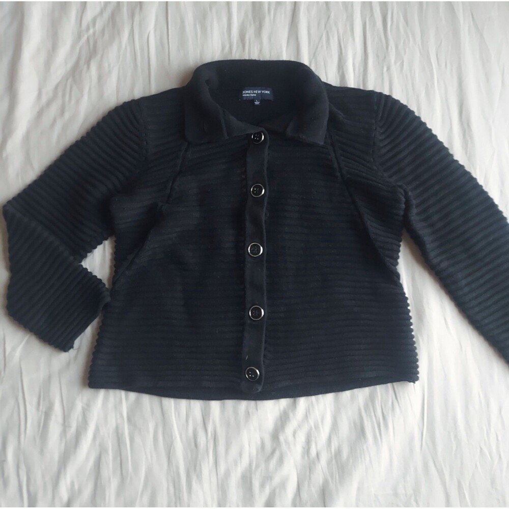 Jones New York Black Textured Knit Button Front Sweater - Large
